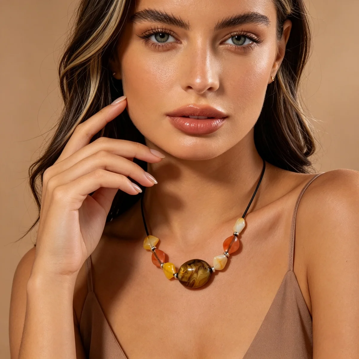 Ästhetische Boho-Halskette mit unregelmäßigen Acrylperlen und schwarzem Seil für Damen und Herren, Retro-Handarbeit, geometrischer Choker, Partyschmuck – Detail 14