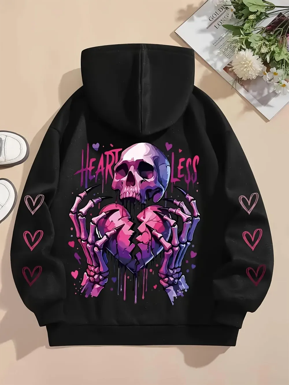 European and American men's new autumn shattered love skull print comfortable and soft hooded sweatshirt outdoor street top