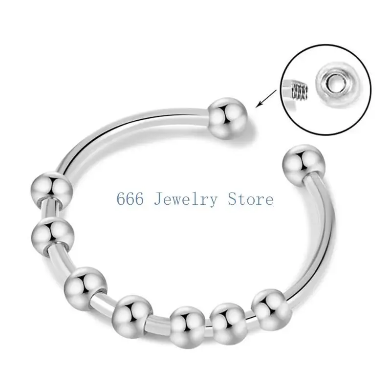F2TD Anxiety Ring with Beads Movable Runner Fidget Ring to Relieve Anxiety Jewelry Unisex Adjustable Rotating Worry Ring
