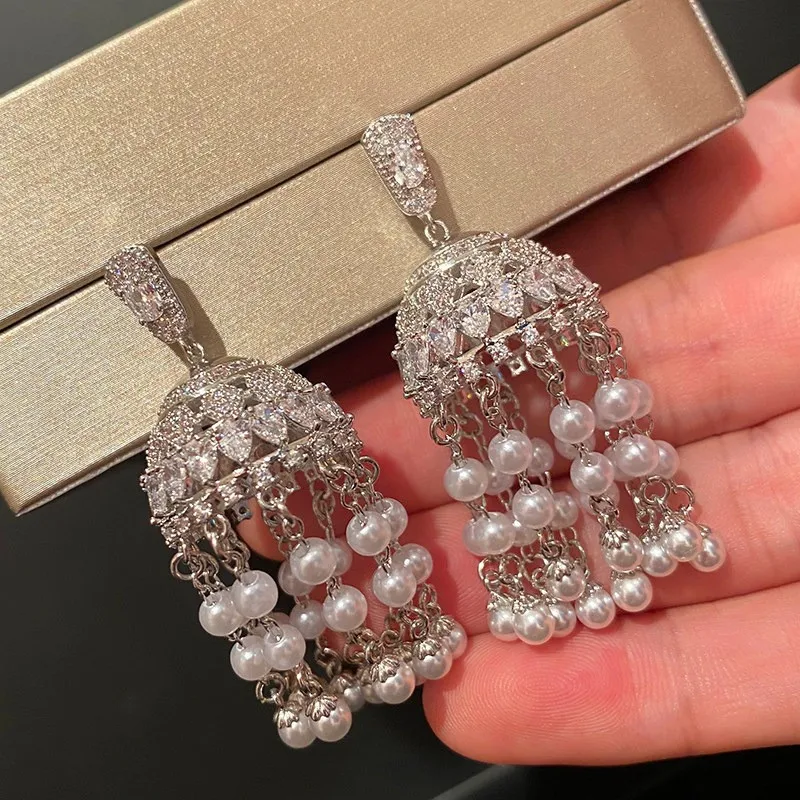 

New Fashion Flower Tassel Pearl Zircon Long Earrings