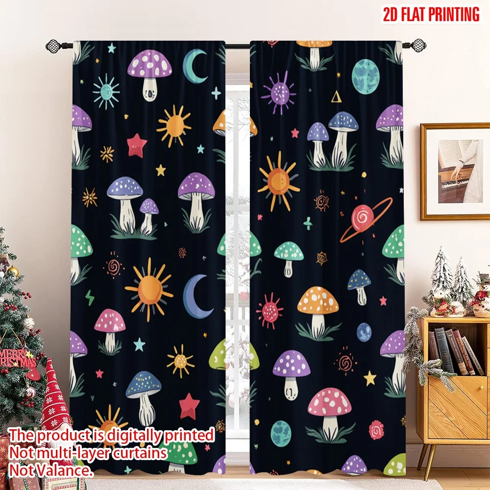 

2 шт., шторы с плоской печатью 2D, грибные, небесные, галактические звезды, полиэстеровые шторы с цифровой печатью, сезонный декор для вечеринки и праздника