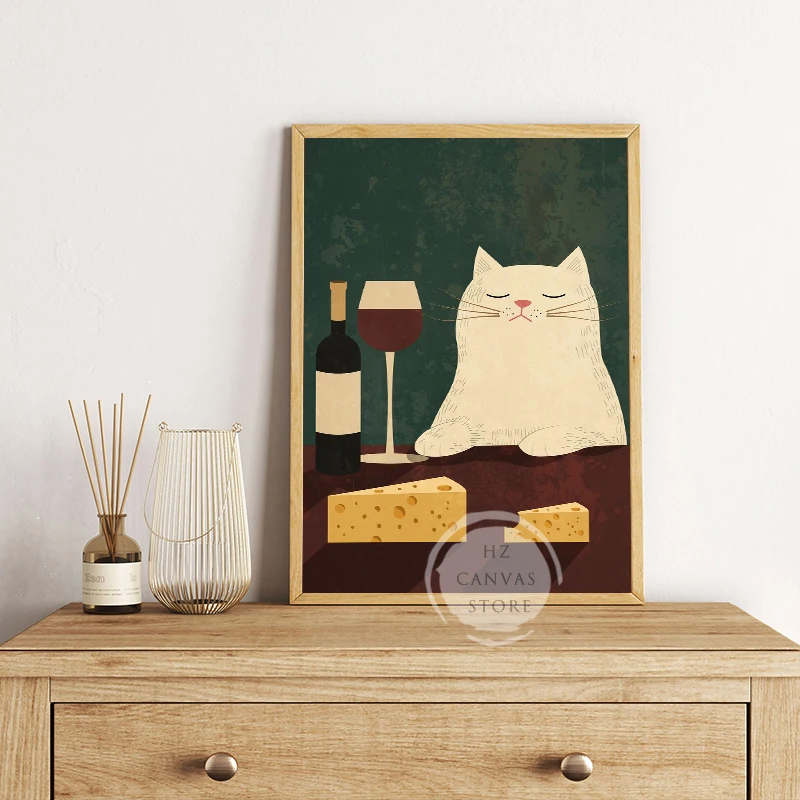 Cheese on Table Cats Drinking Wine Canvas Painting Funny Animal Vintage Posters Prints Wall Art Picture for Kitchen Home Decor