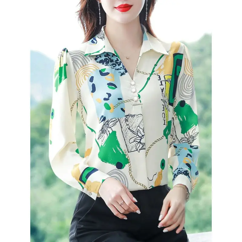 2023 Spring and Autumn Women\'s Polo Collar Long Sleeve Chiffon Printing Loose Button Fashion Casual Formal Elegant Tops