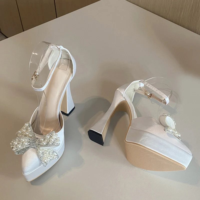 Liyke 2024 Spring Women Pumps Fashion Design White Pearl Bowknot High Heels Platform Sandals Pointed Toe Party Dress Shoes Lady