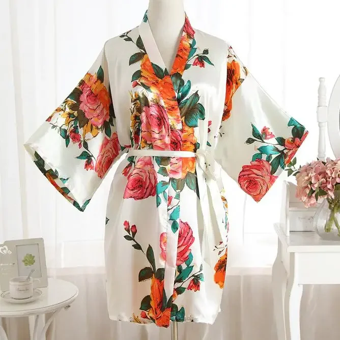 Print Robe Gown V-Neck Women Bride Kimono Bathrobe Nightgown Homewear Summer Satin Wedding Sleepwear Nighty Dress Loungewear