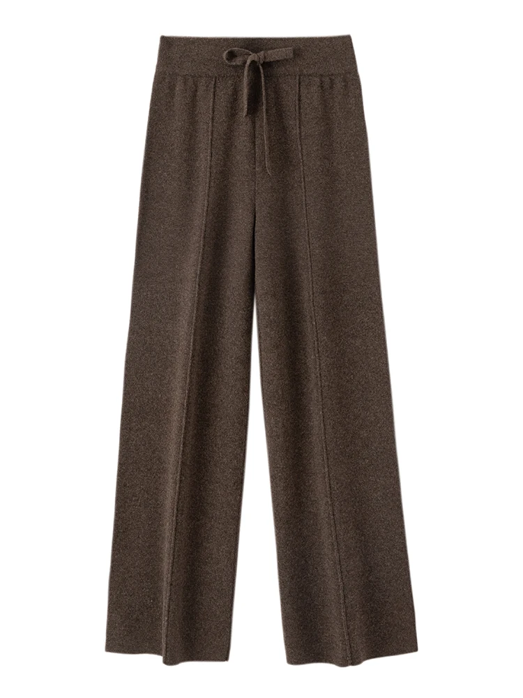 Autumn Winter Women Wide Leg Pants 100% Merino Wool Elastic Waist Straight Trousers Knitted Elegant Draped Loose Fit Trousers