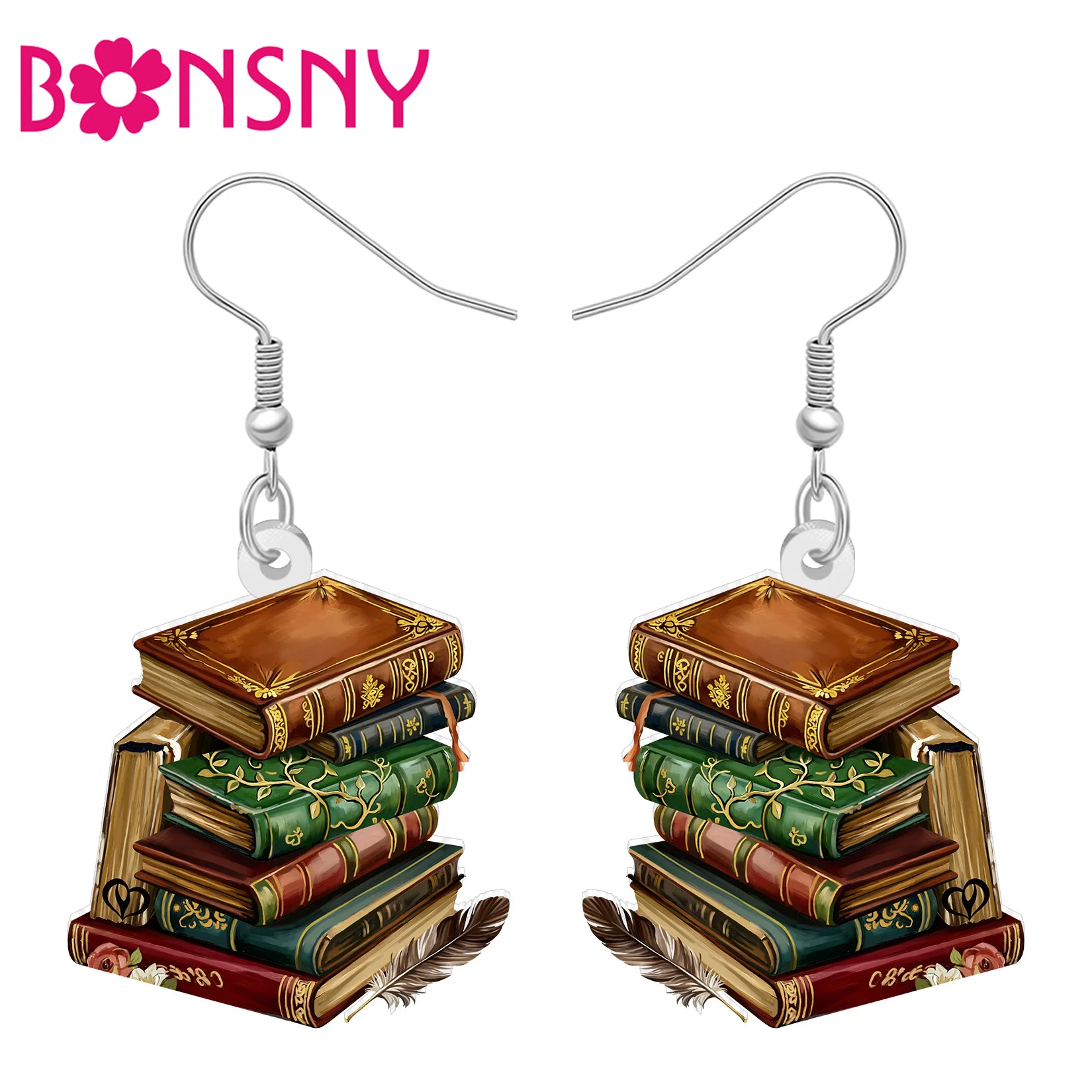 BONSNY Acrylic Classical Books Stack Dangle Earrings Vintage Bookplie Jewelry Bookish Gifts For Women Girls Bookworm Charms