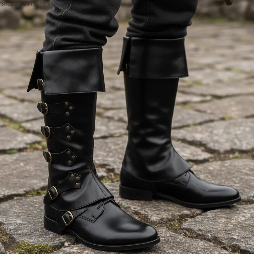 Mittelalterliche Piratenstiefelüberzüge für Männer, Renaissance Steampunk Hohe Beinüberzüge, geeignet für Halloween-Party, Rollenspiel-Zubehör für Erwachsene
