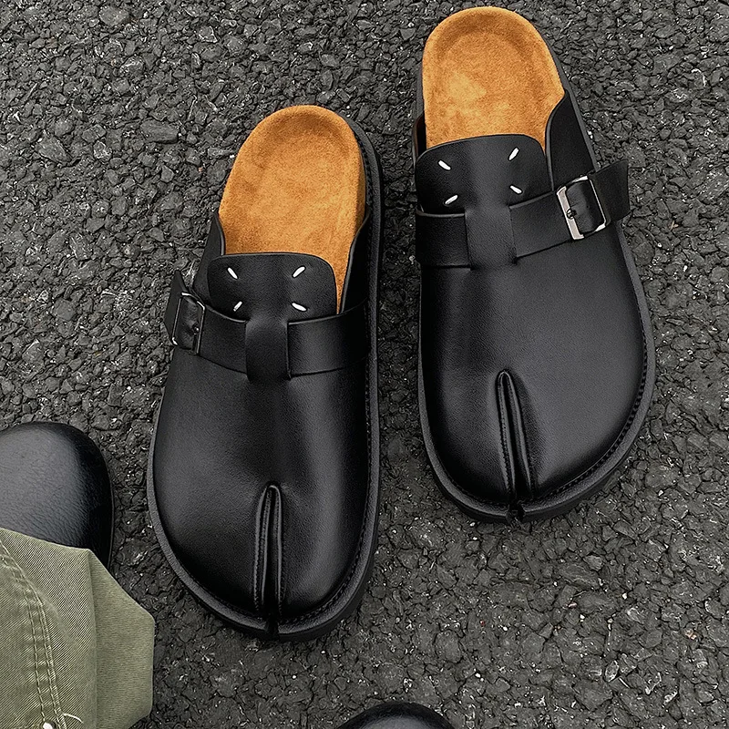 Men Split Toe Slippers Cow Leather Tabi Ninja Slip Flats With Arch Support Slip On Slingback Mules Shoes Soft Loafers Clogs