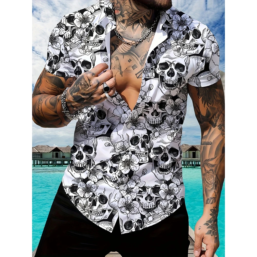 

Men Shirt Hawaii Vacation Casual Top Summer New Creative Floral And Skull Print Short Sleeve Shirt Men Lapel Button Down Shirt