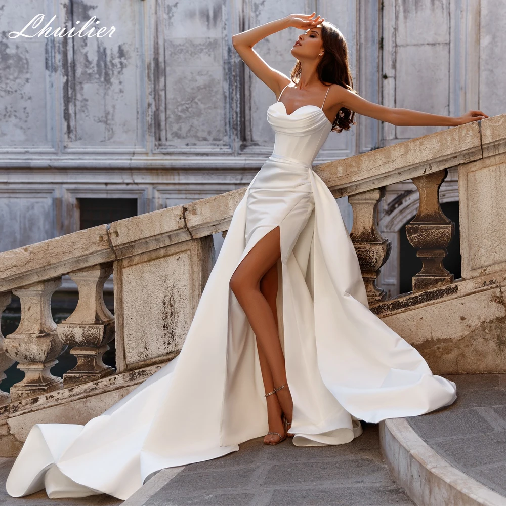 

Lhuilier Customized 2 in 1 Mermaid Satin Wedding Dresses Spaghetti Straps High Slit Bridal Gowns with Detachable Train