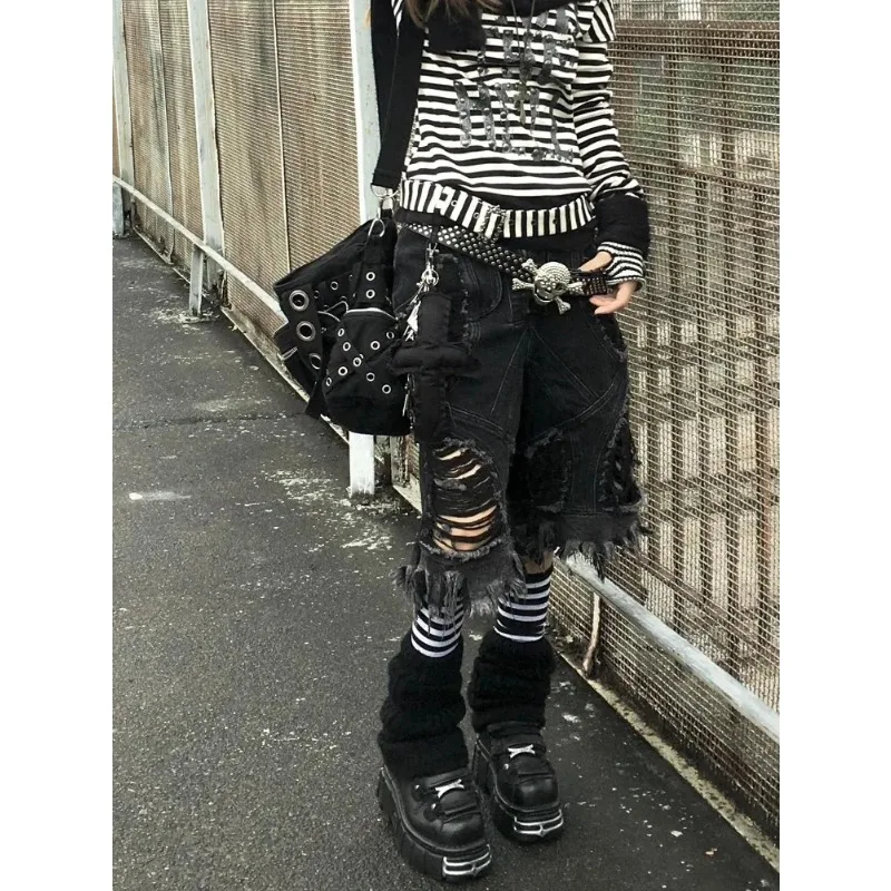Broken Hole Tassel Vintage Baggy Shorts Women Summer Streetwear High Waist Oversized Denim Pants Wide Leg Calf-length Pants