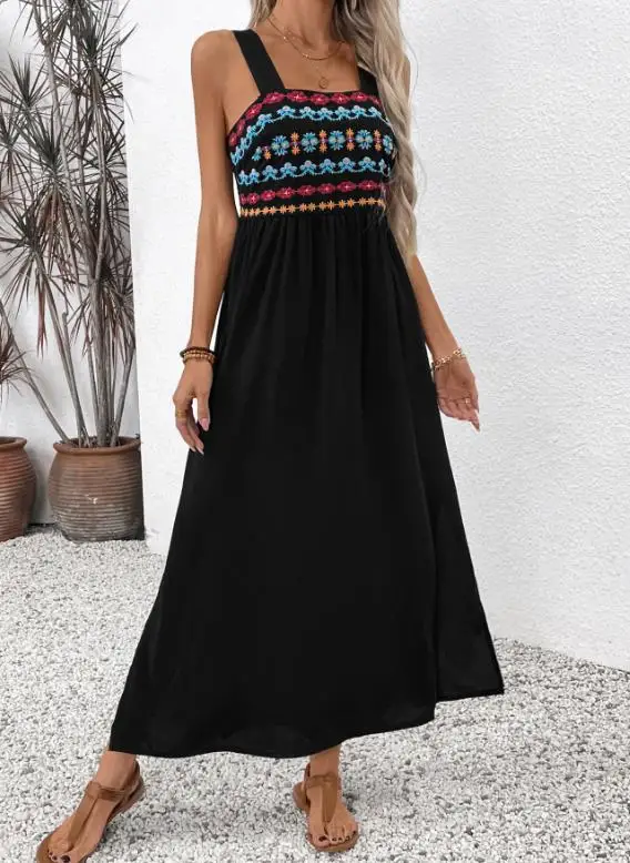 

Dress 2025 Summer New Casual Seaside Vacation Strap Skirt Sleeveless Ethnic Embroidery Dress Fashion Retro Dress for Women