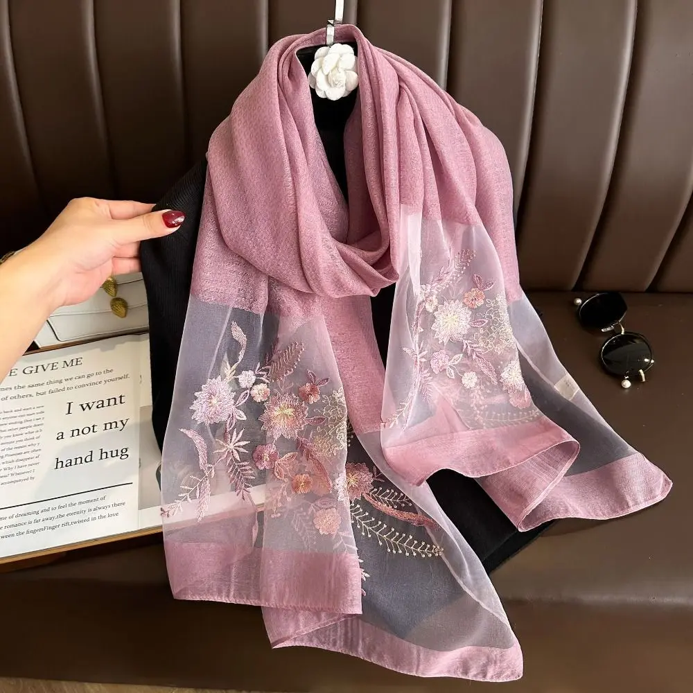 Luxury Embroidery Flower Silk Scarf Shawls Sunscreen Transparent Mesh Neck Scarves Neckerchief Korean Style Outdoor