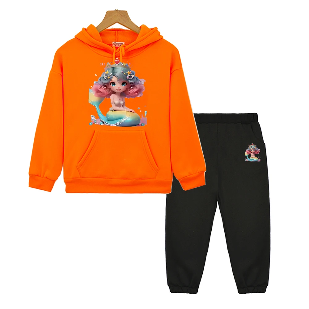 

Disney Autumn Cartoon pullover+Pant boys girls Hooded Spors Sets Mermaid princess hoodie Fleece Sweatshirt kids boutique clothes