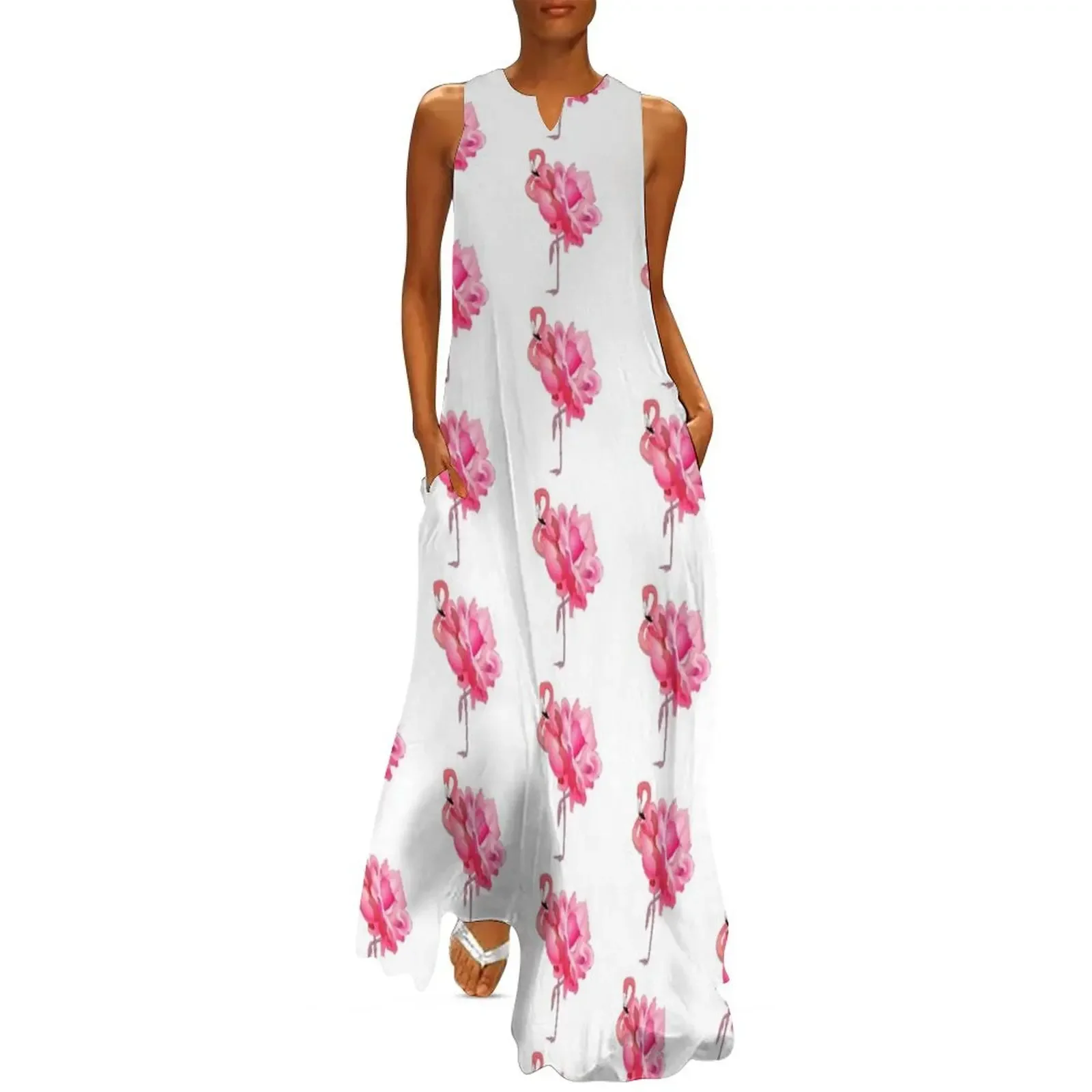 

Flamingo Rose Pink Flamingo and Flower Long Dress evening dress ladies Summer dresses for women summer dress korean women