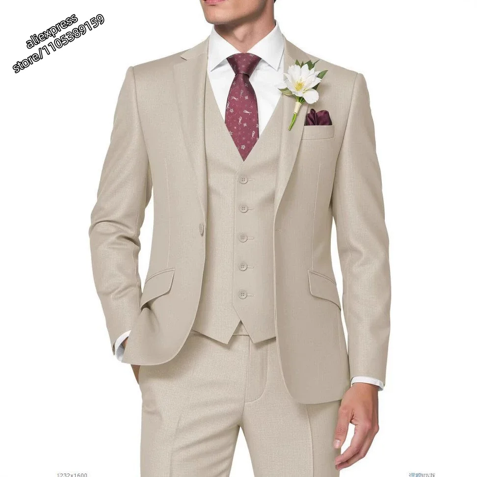 Men's Slim Fit 3-Piece Tuxedo Suit Business Wedding Groomsmen Prom One Button Blazer Jacket Vest Trousers Set