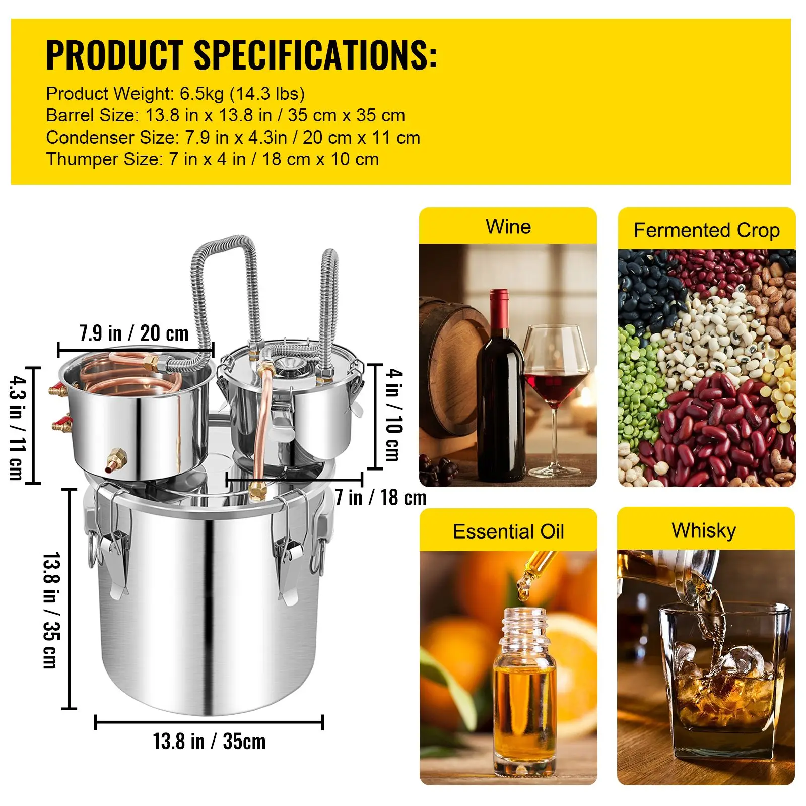 Moonshine Still Stainless Steel Water Alcohol Distiller Copper Tube With Circulating Pump Home Brewing Kit Build-in Thermometer for DIY Whisky Wine Brandy Spirits