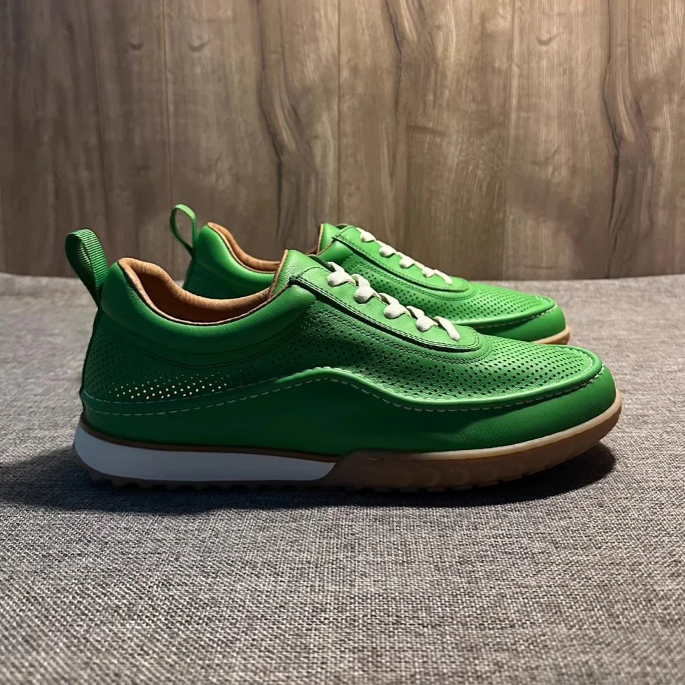 QHCCID Green Fashion Men Casual Sneakers Cow Leather Casual Shoes Breathable Comfortable Vintage Sneakers Shoes for Men
