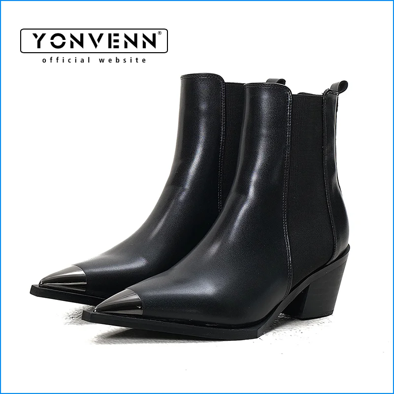 Retro thick heeled short leather boots men's British style metal pointed design Chelsea trendy autumn and winter shoes
