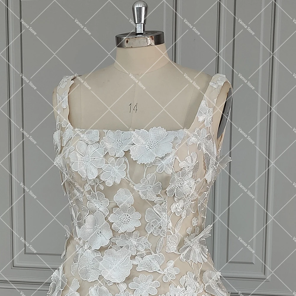 Abiti da sposa corti gonfi con fiori da principessa personalizzati Fiori floreali 3D ricamati in tulle con mini abito da sposa con collo quadrato