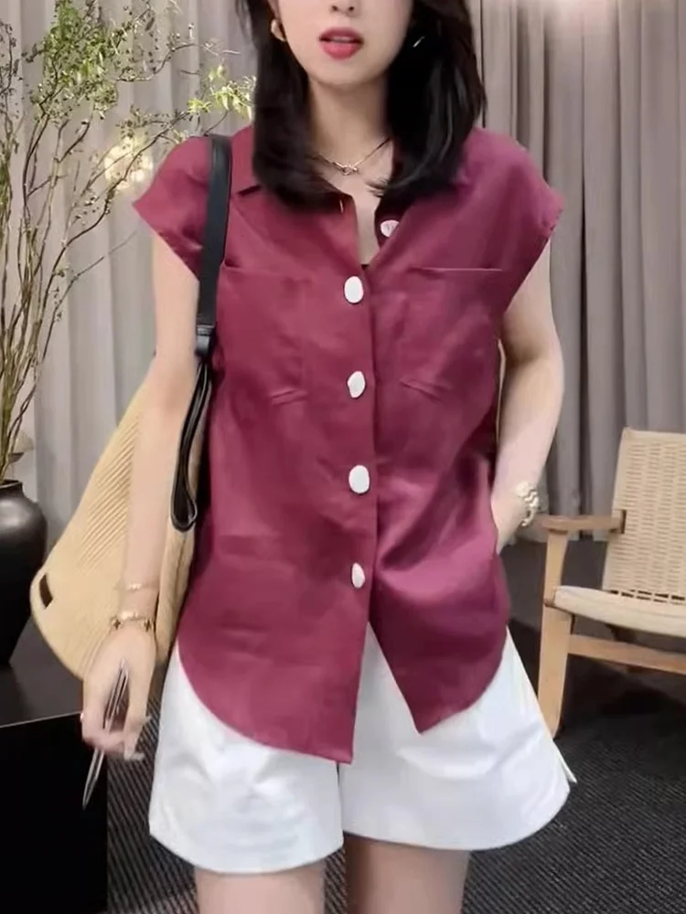 

Retro Hong Kong Sle Single Button Casual Thin ort Sve Comfortable Silk irt Summer Faionable Women's Commute irt