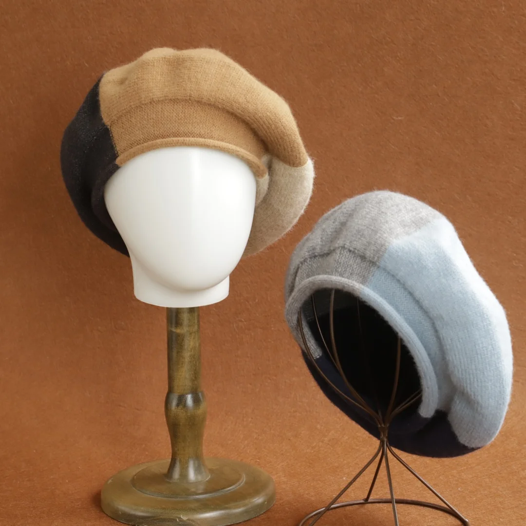 2026 Splicing colors Beret Korean Crochet Casual Versatile Bud Hat Women's Autumn and Winter British Retro Knitted Hat Female