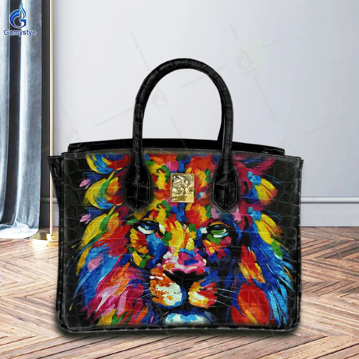 

Art Hand-Painting Colorful Lion Customize Totes Ladies Tote Handbag Messenger Shoulder Bag For women Cowhide Togo Leather Travel