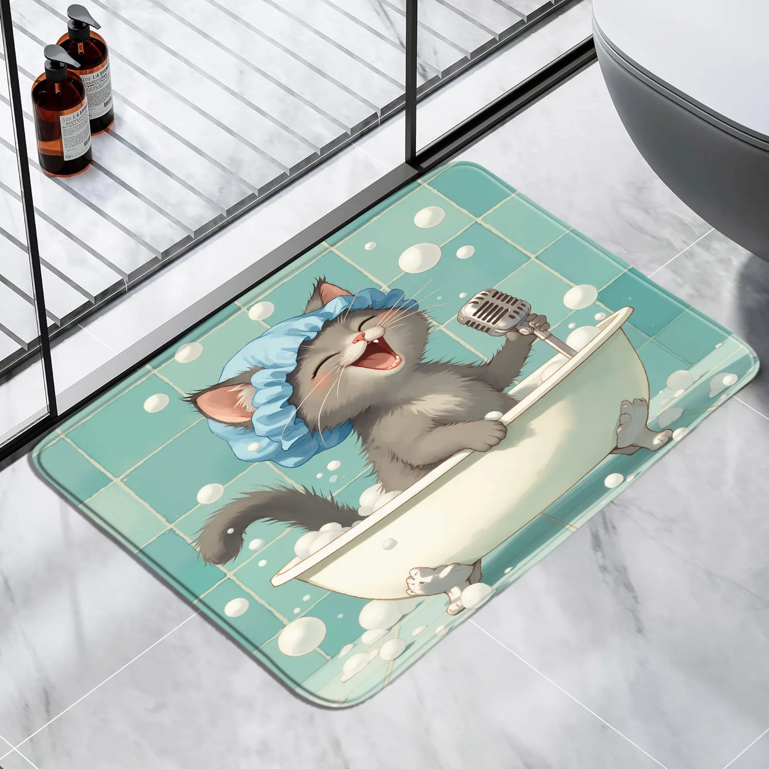 2D Flat Cat Bathtub Singing Microphone Bubbles Blue Tiles Flannel Bath Mat Non Slip Funny Pet Rug For Bathroom Shower Floor