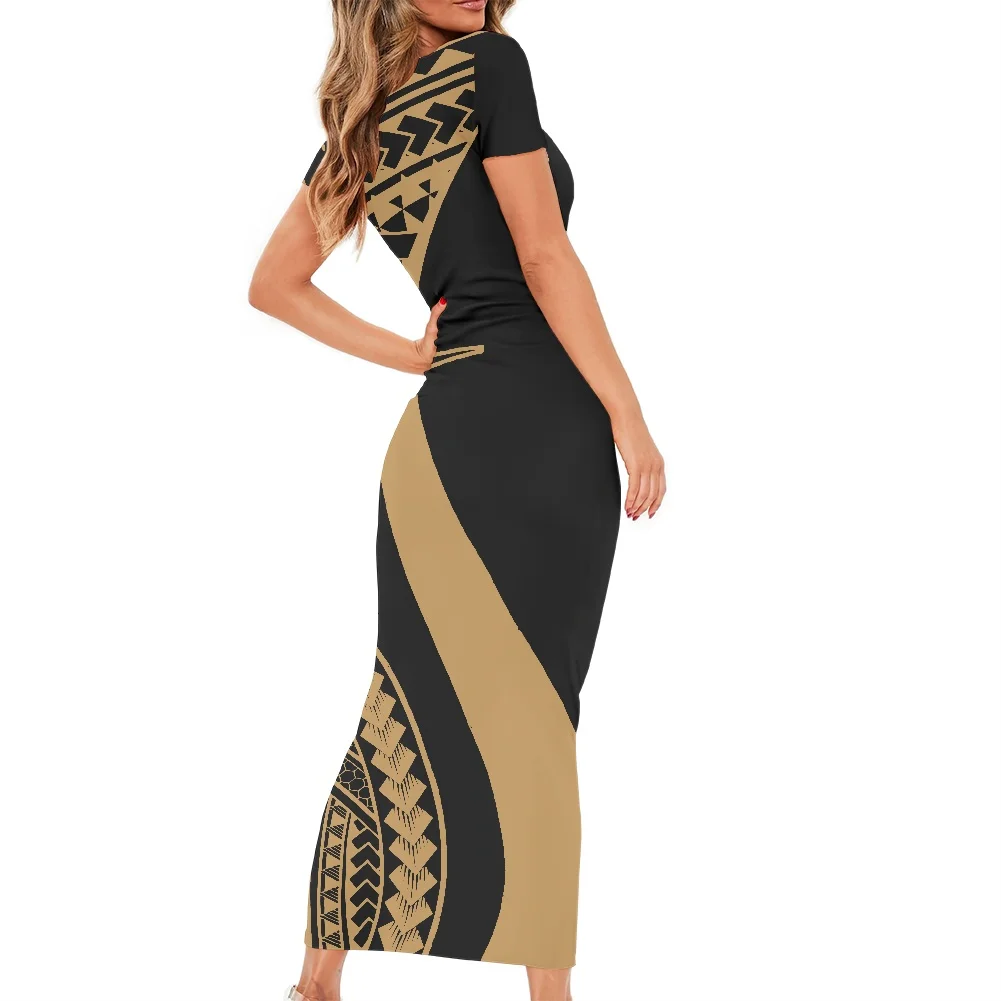 

Polynesian Traditional Tribe Sexy Round Neck Short Sleeves Women Dresses Retro Tattoo Printing Design Women Clothe