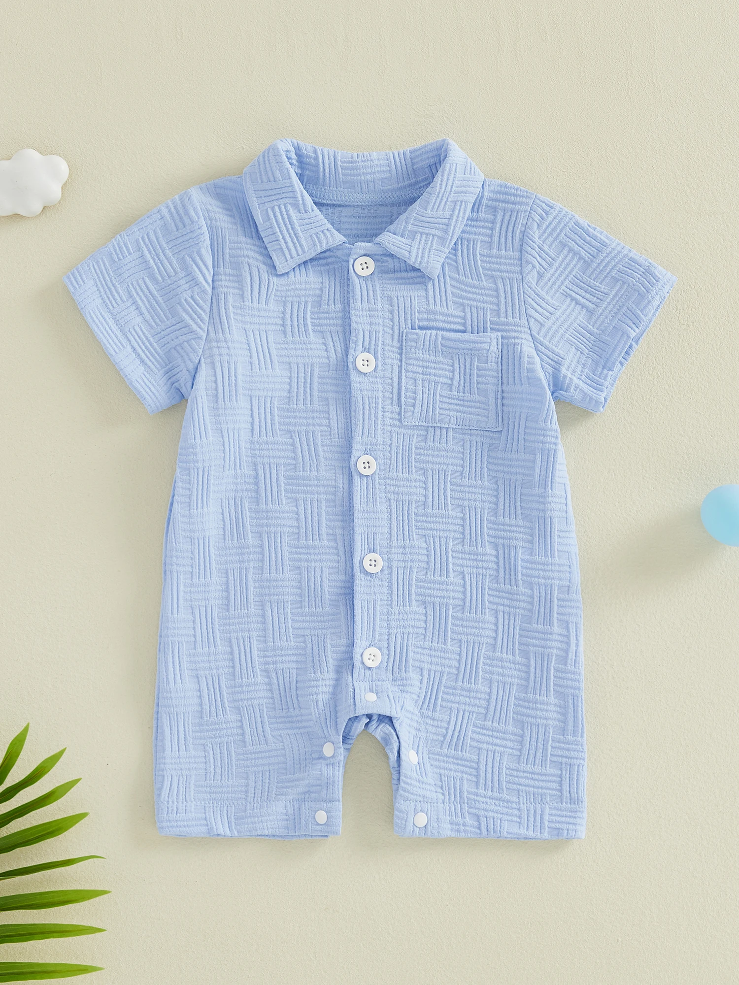 

Stylish Toddler Boy s Short Sleeve Romper with Lapel Collar and Button Down Front in Trendy Solid Color for Summer