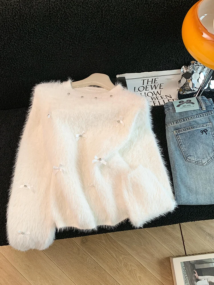 

French style elegant sweater wome autumn and winter new bow nail drill high-end soft and sticky white knit pullover