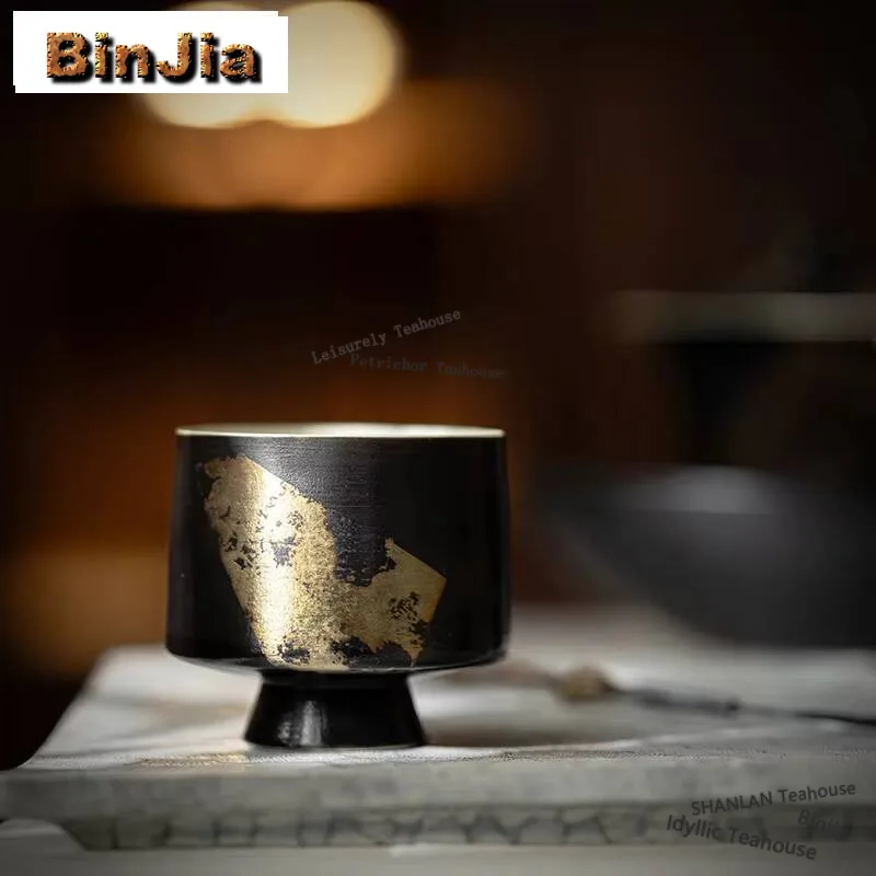 

60ml Japanese Burnt Silver Foil Ceramic Teacup Zen Style Black High Legged Cup Handmade Gilded Coarse Master Cup Mugs Drinkware