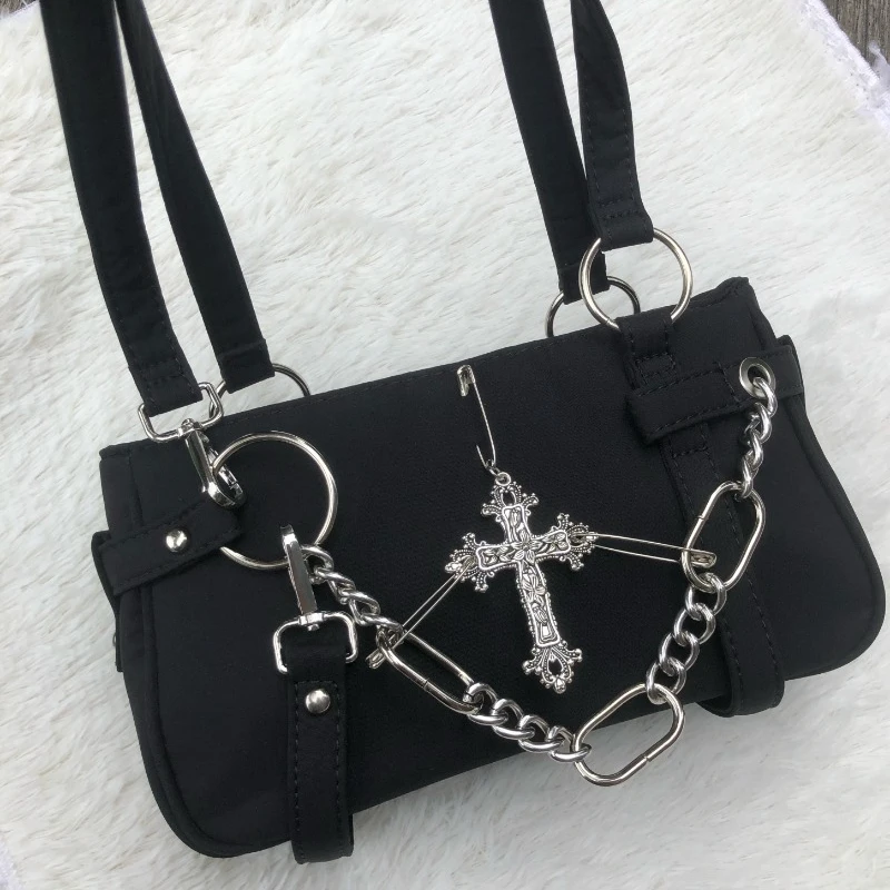 Women Small Cross Shoulder Bag Gothic Grunge Black Handbag Fashion Chain Y2k Underarm Bags Girls Punk Purse Ins Motor Biker New