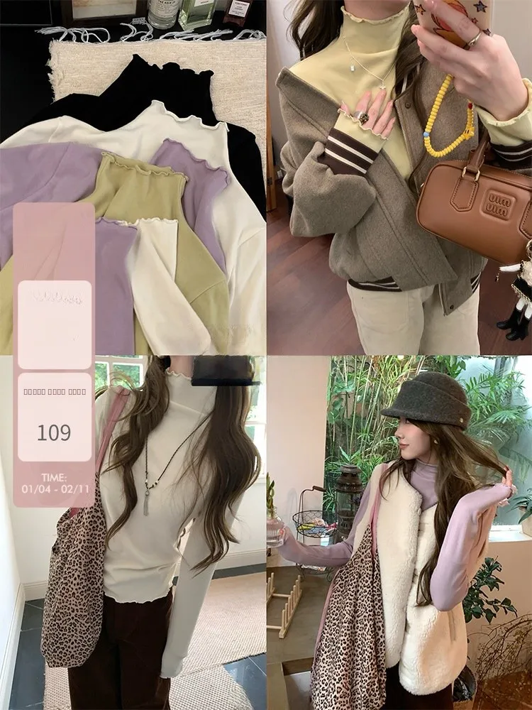 

Miaolab Skin-friendly High Elastic Knitted Base irt f High Collar Long Sve Casual Sle Women's T-irt Wooden D...