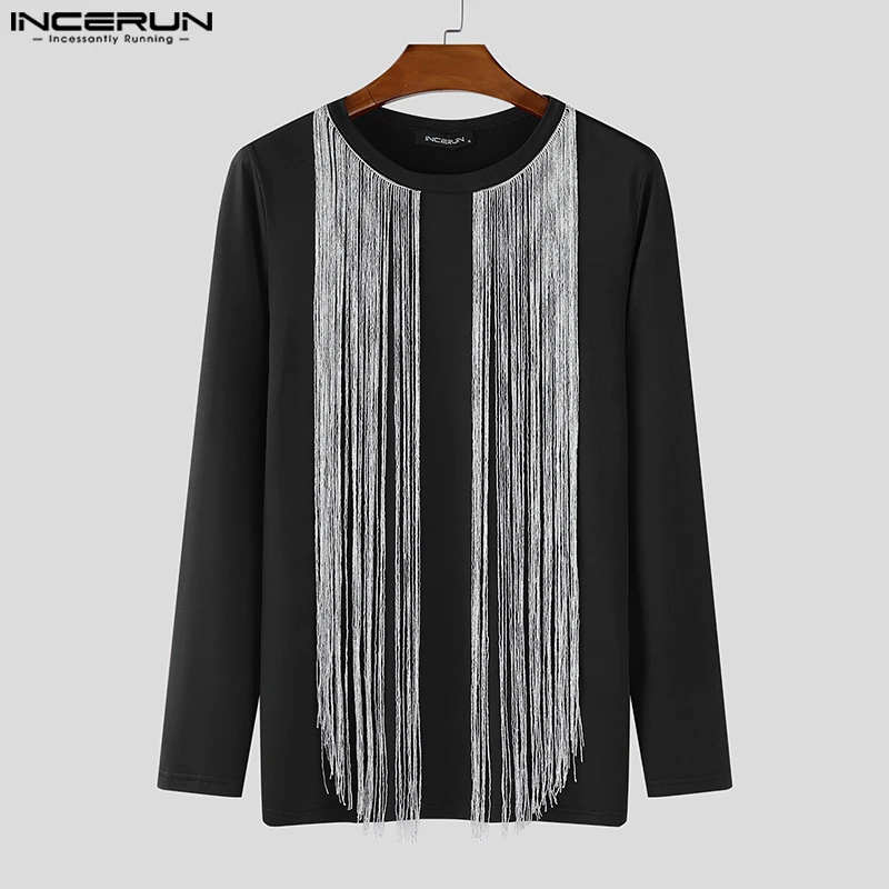 

INCERUN Men T Shirt Tassel Patchwork Shiny O-neck Long Sleeve Male Tee Tops Streetwear Autumn 2025 Fashion Casual Men Clothing