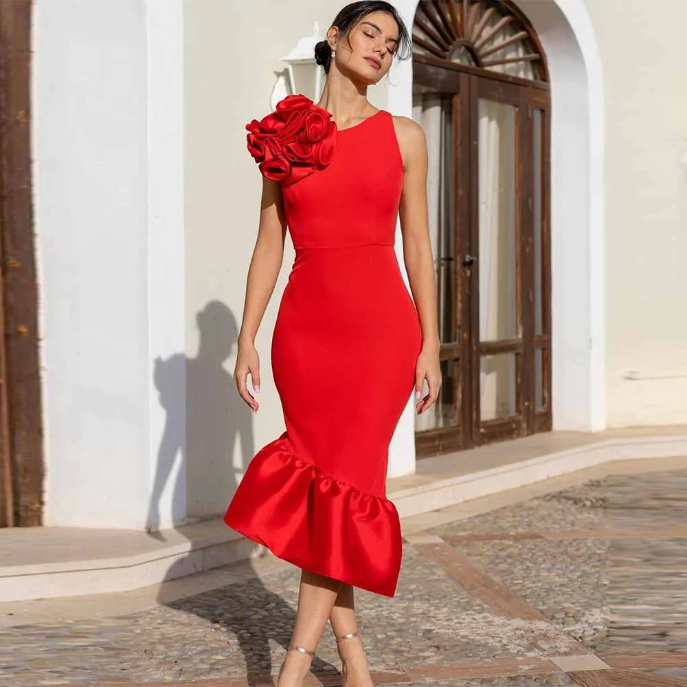 Formal Groom's Mother Dresses Sheath/Column Prom Dress Red O-Neck 3D flowers Ruched Zipper Sleeveless Mother of the Bride Dress