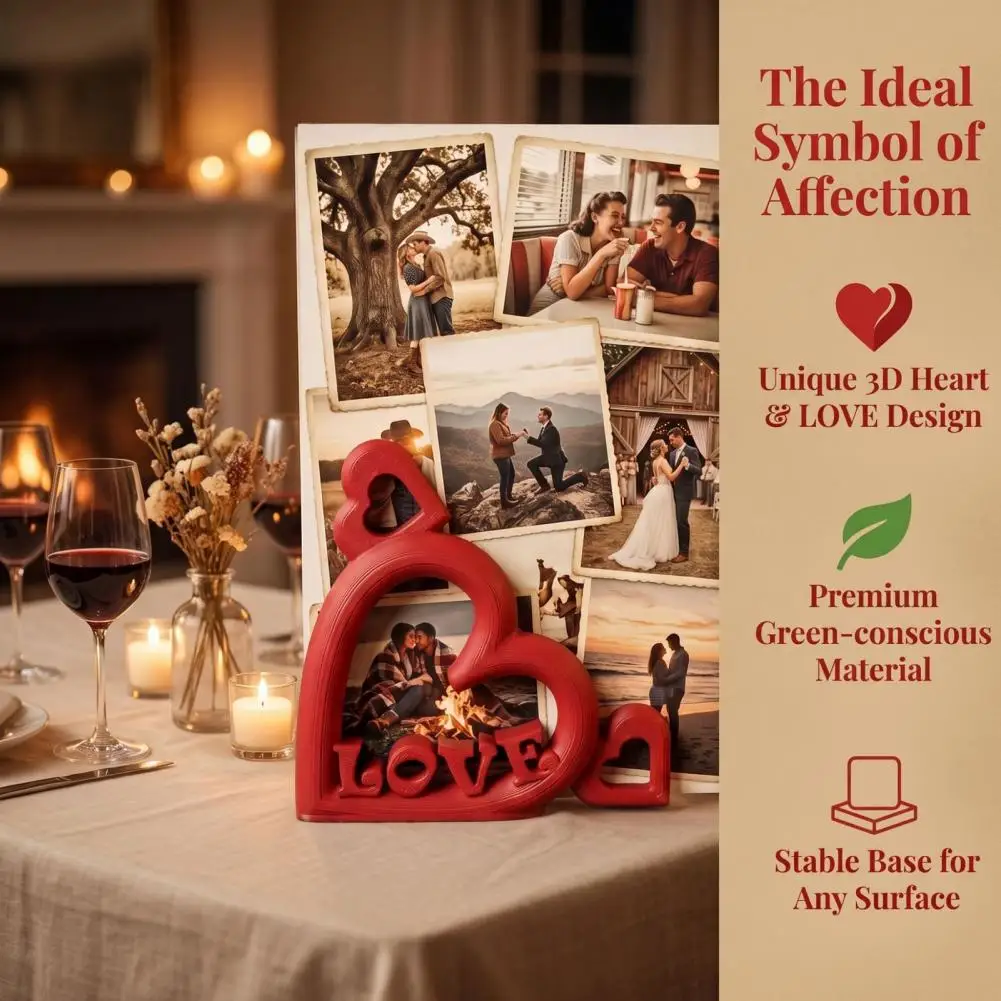 Decorative Desktop Photo Frame Heart Shaped Photo Holder Heart Photo Stand with Embossed Love Letters 3d Printed Vertical Slot