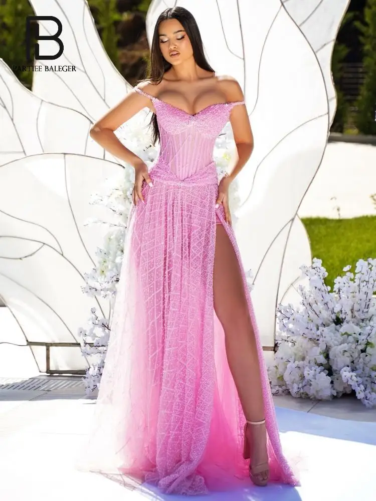 PB Fairy Pink Vestido espartilho fora do ombro – Vestido de noite de malha com decote em V de luxo Noites de baile Vestidos de gala