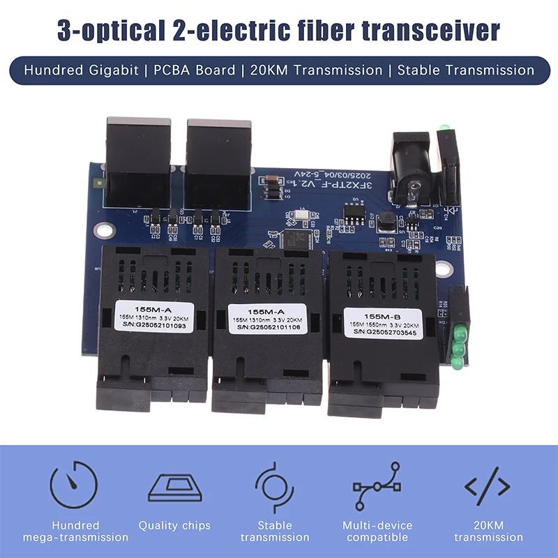 1Pc 3F2E Fast Ethernet Switch Converter 20KM Ethernet Fiber Optical Media Converter Single Mode 2 RJ45 3 SC Fiber Port