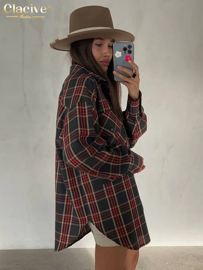 Clacive Fashion Loose Plaid Women Shirts 2023 Elegant Lapel Long Sleeve Office Lady Shirts & Blouses Vintage Classic Top Female