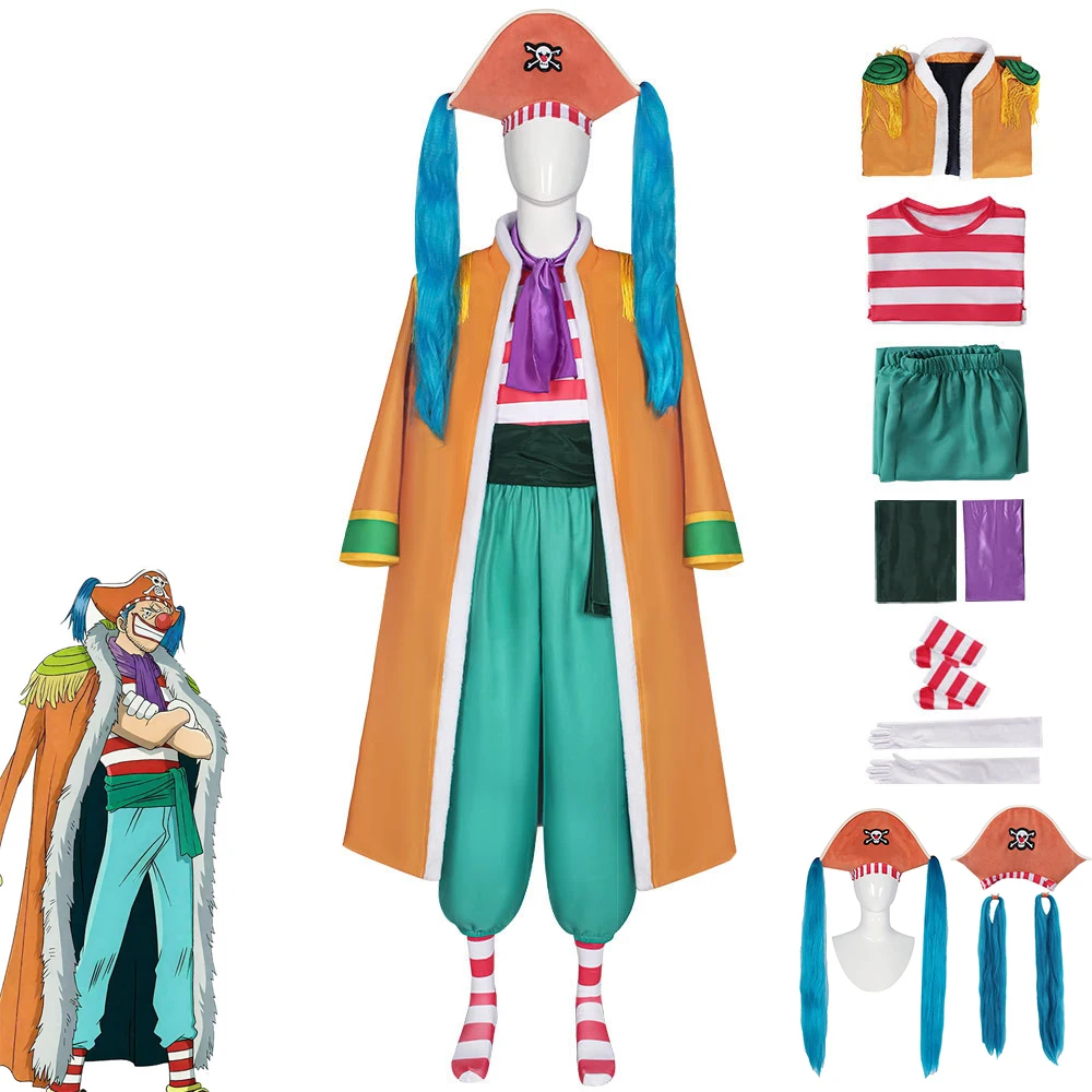 Heißer Anime Piraten-Buggy Cosplay Kostüm Pelzbesetzter Langer Mantel Gestreiftes Oberteil Haremshose Piratenhut Komplettset Herren Halloween Bühnenoutfit