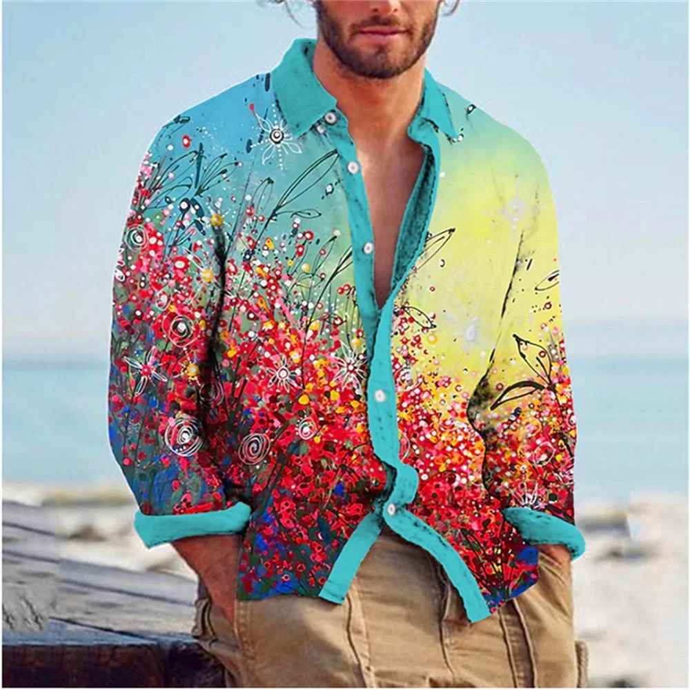 Men\'s Shirt Lapel Long Sleeve Spring/Summer New Creative Flower 3D Printing Pattern Casual Comfort Casual Men\'s Top 2023