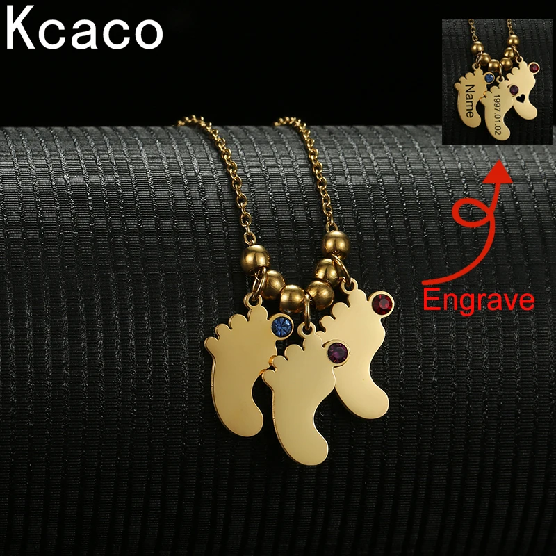 

Personalized Stainless Steel 1-3 Feet Shape Pendant with Birthstone Necklace Custom Engrave Name Date 6 Beads Chain Necklaces