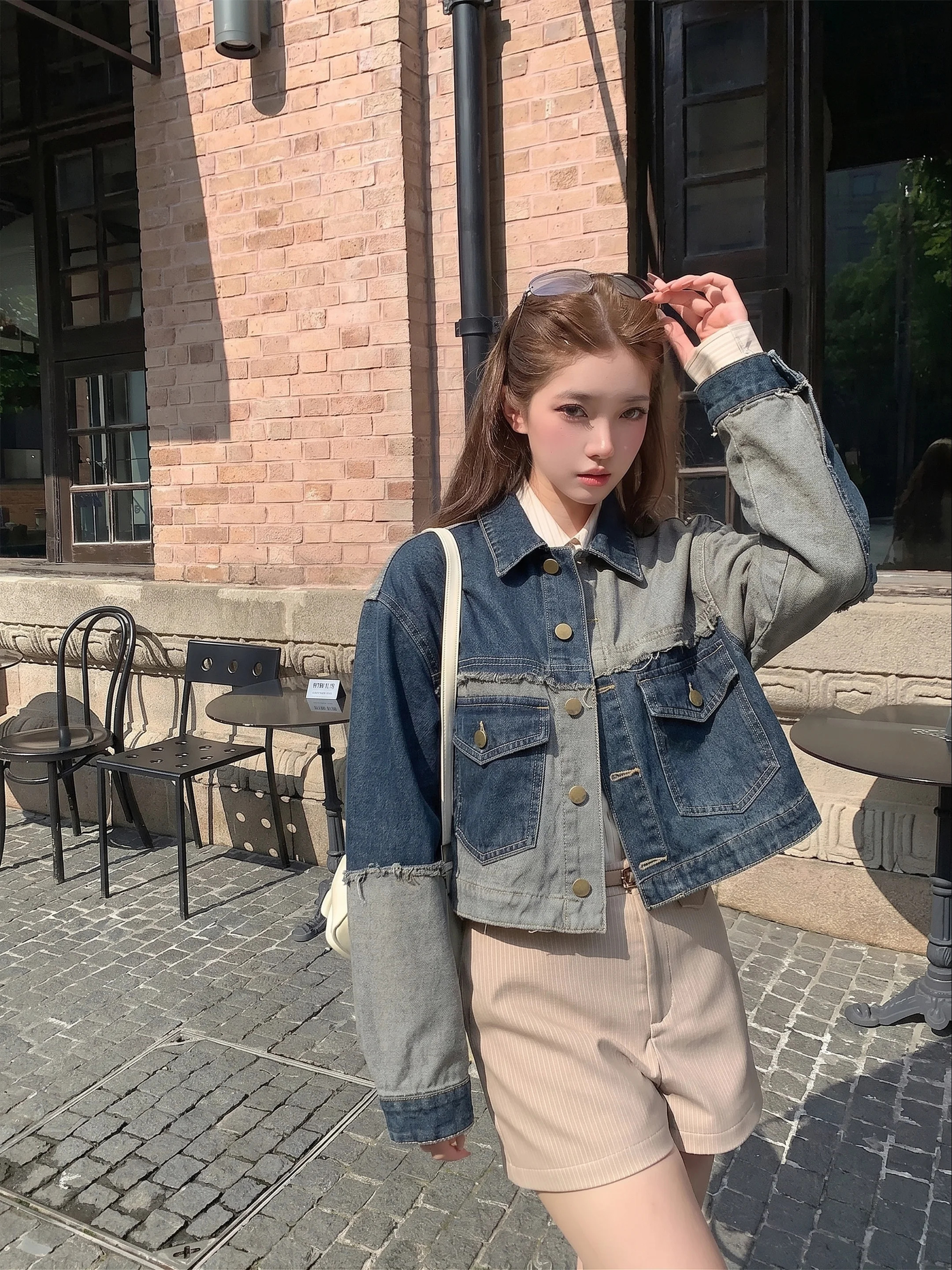 Street Style Spliced Short Loose Fit Women's Denim Jacket Slimming Spring Autumn Versatile New Model Button Closure Coat