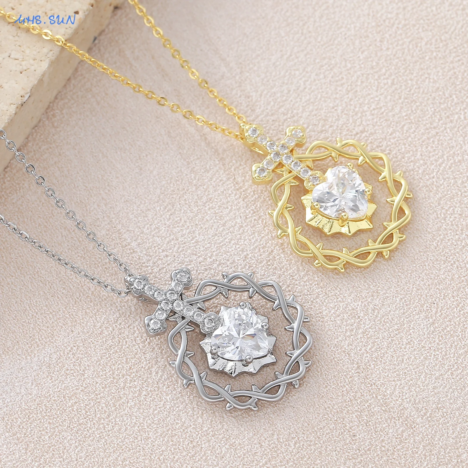SUNSLL Personalized Thorn Cross Heart Shaped Zircon Inlaid Pendant Necklace Women Jewelry Daily Commute Party Wear Jewelry