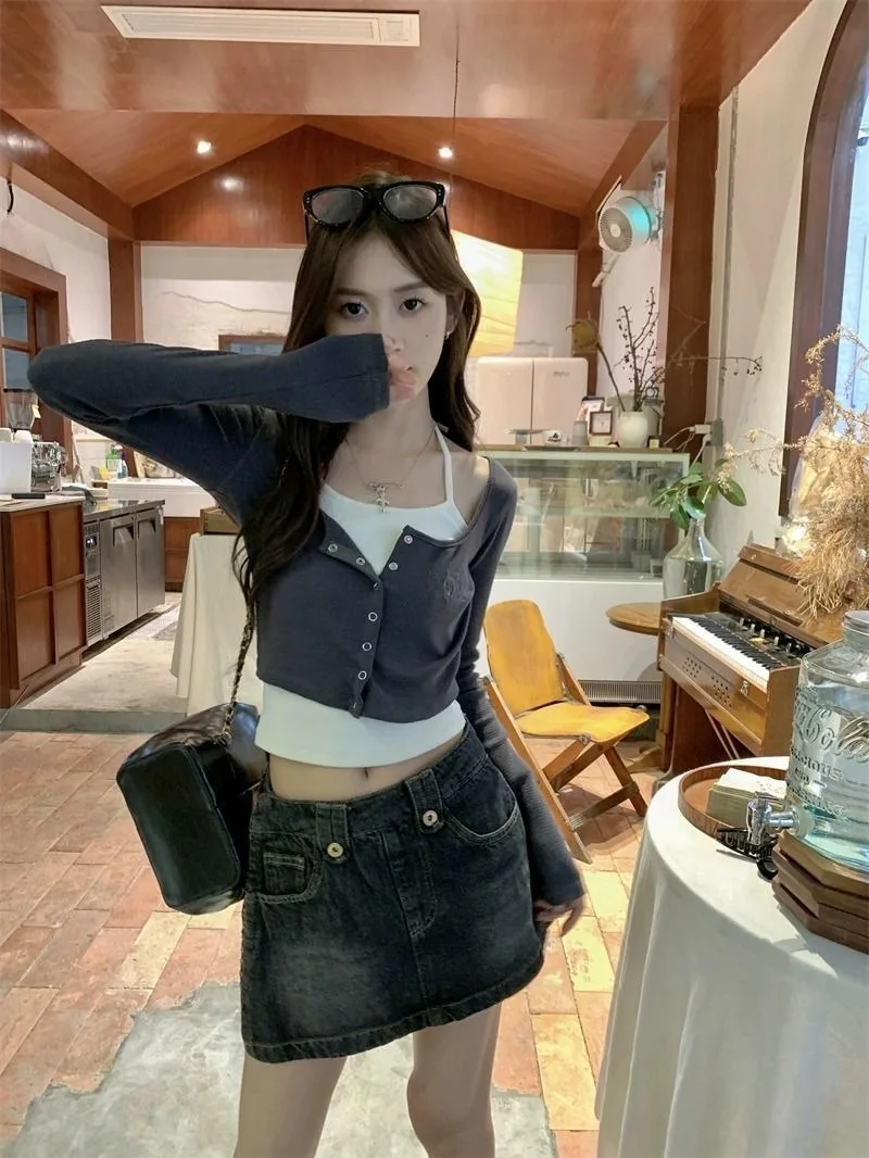 Damen Koreanischer Ins-Stil Reines Y2K Hot Girl Neckholder Langarm-T-Shirt Frühling Herbst Neues Slim-Fit Schulter-Fake-Zweiteiler-Oberteil – Detail 22