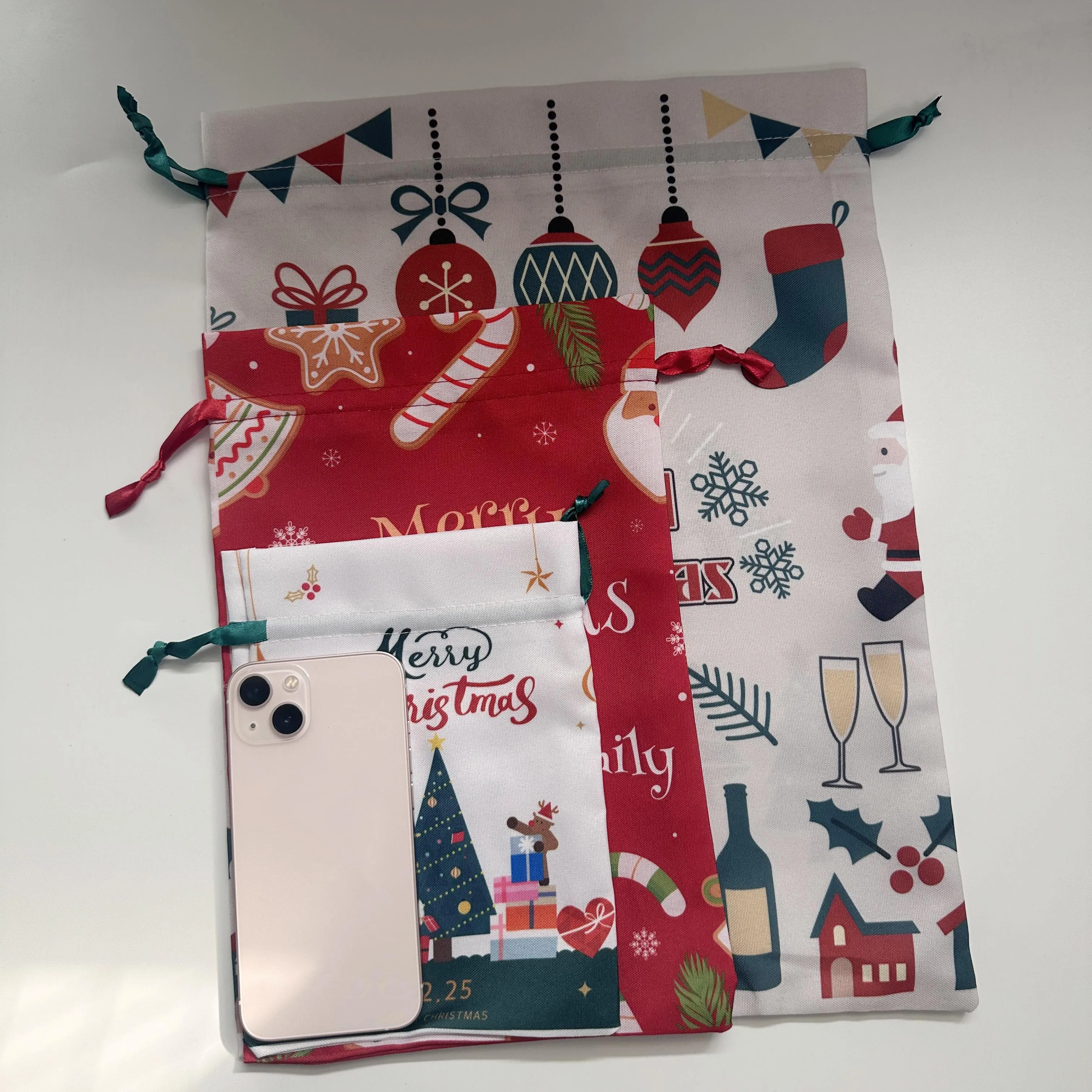 9pcs Christmas Gift Bags With Drawstring - Red Cloth Candy & Apple Packaging For Holiday Parties And Events