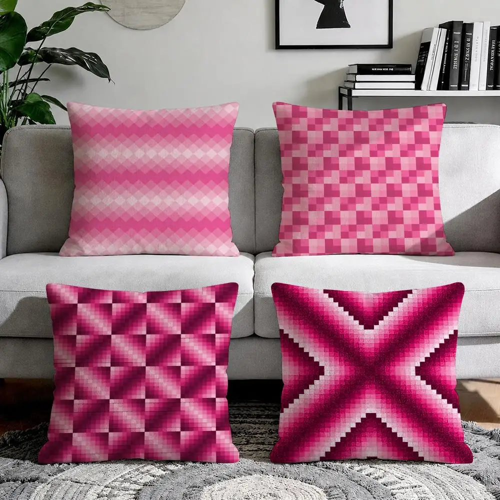 pink diamond pattern Cushion Cover Natural Breathable Durable Linen Printed Decor Pillow Case Sofa Bedroom