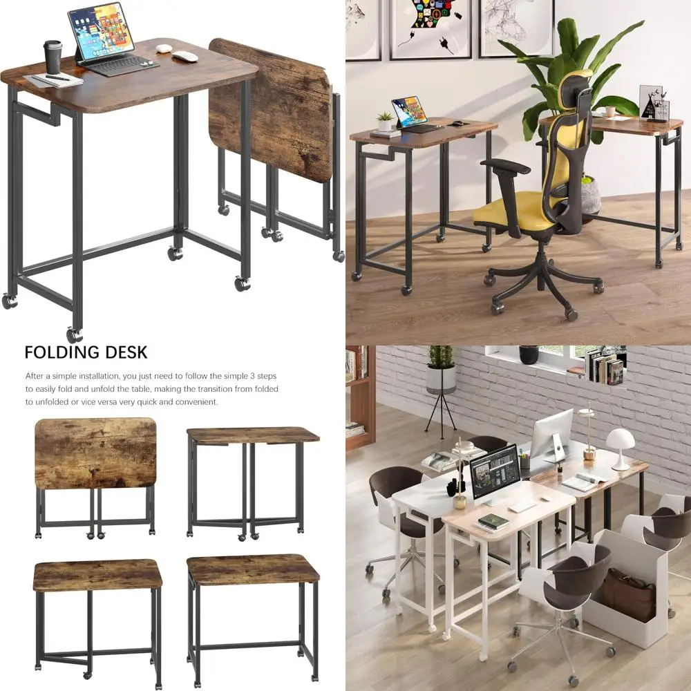 Folding Laptop Desk with Wheels, Modern Industrial Style, Home Office Writing Table, Rustic Brown, 23.6 Inches